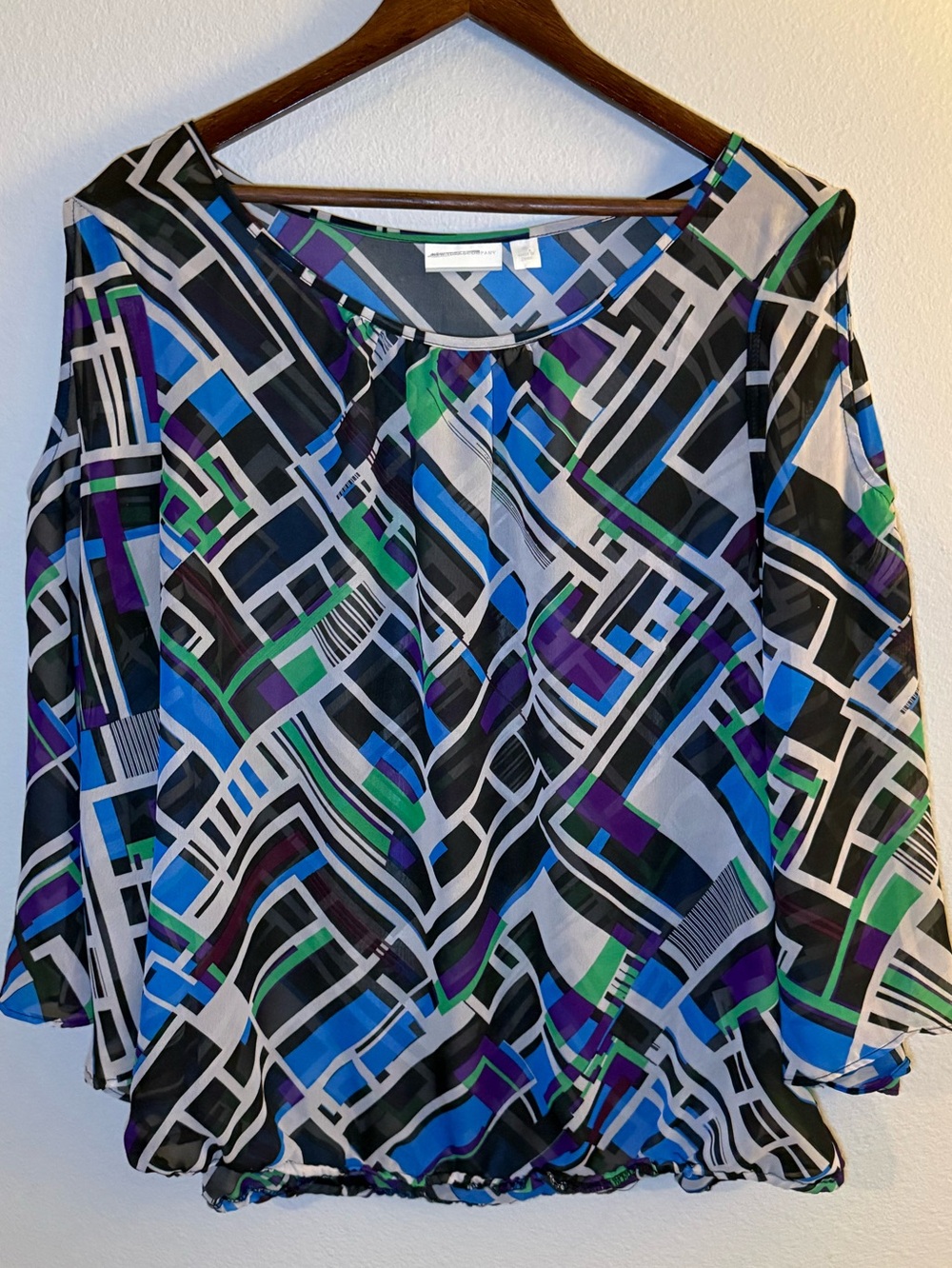 New York & Company Geometric Blouson Top in Black, Blue & Green
